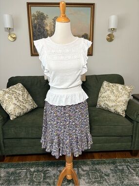 Floral ruffle hem knee length navy feminine spring summer skirt